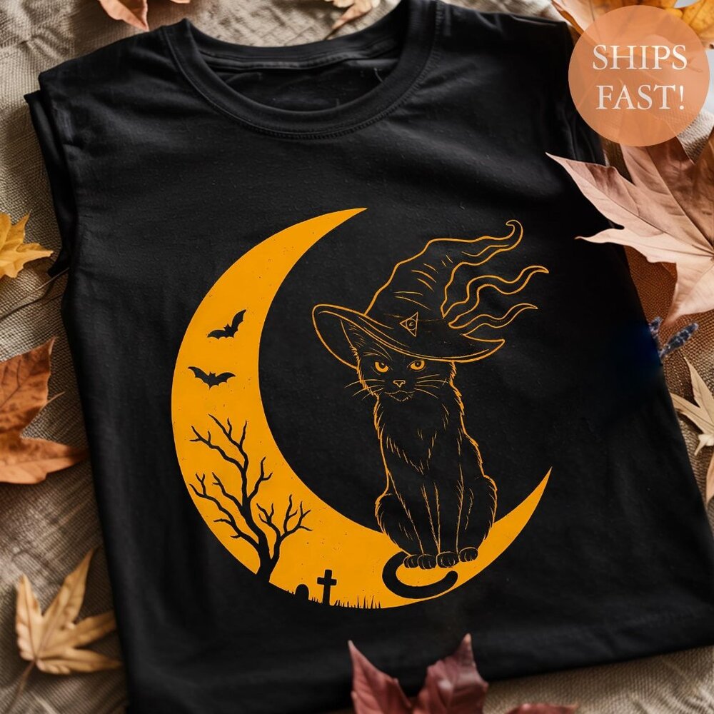 Cat Witch on Moon – Spooky Cute Witchy Shirt - Picture 1 of 3